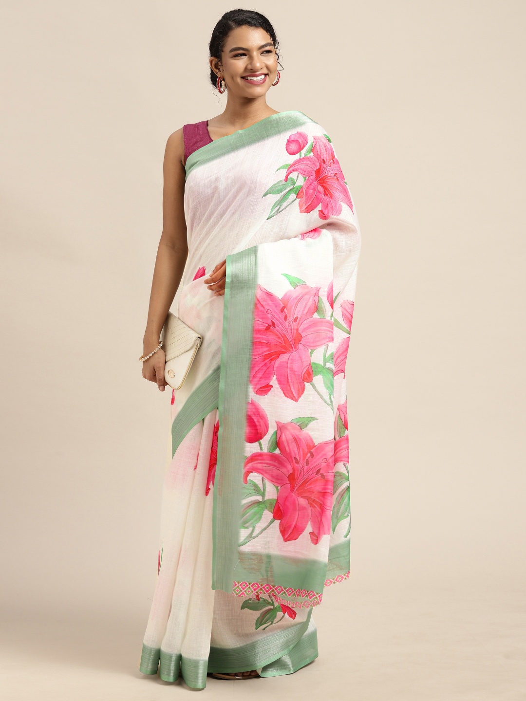 

Mitera White & Pink Floral Pure Linen Zari Digital Printed Saree