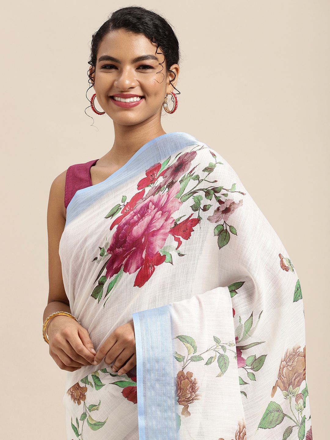 

Mitera White & Fuchsia Floral Pure Linen Zari Digital Printed Saree