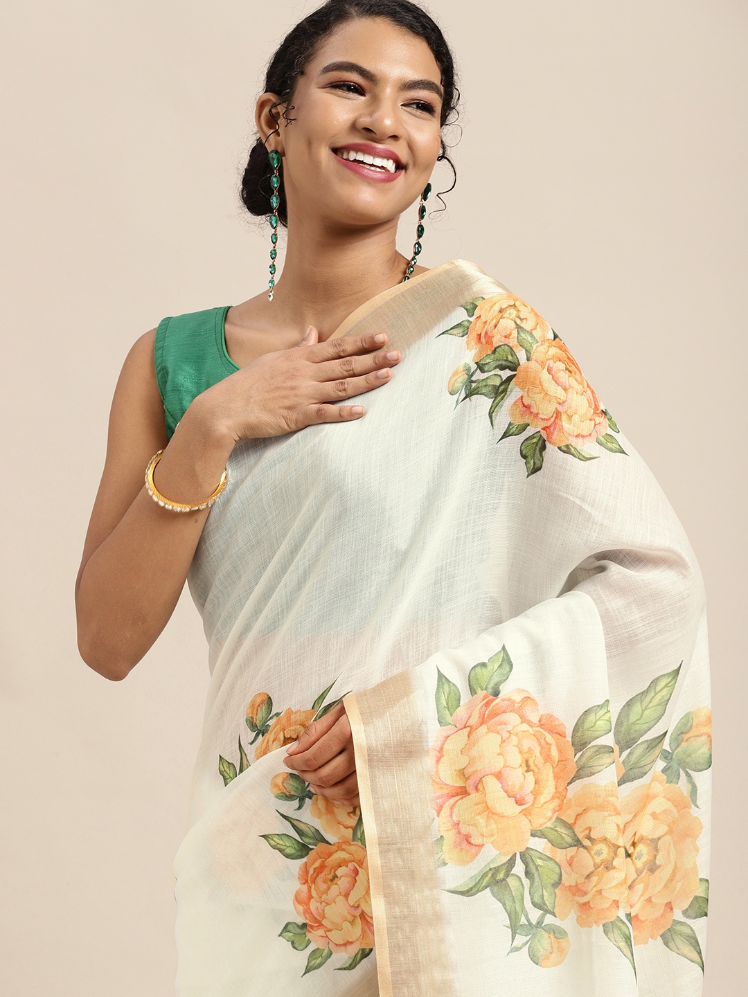 

Mitera White & Orange Floral Pure Linen Zari Digital Printed Saree