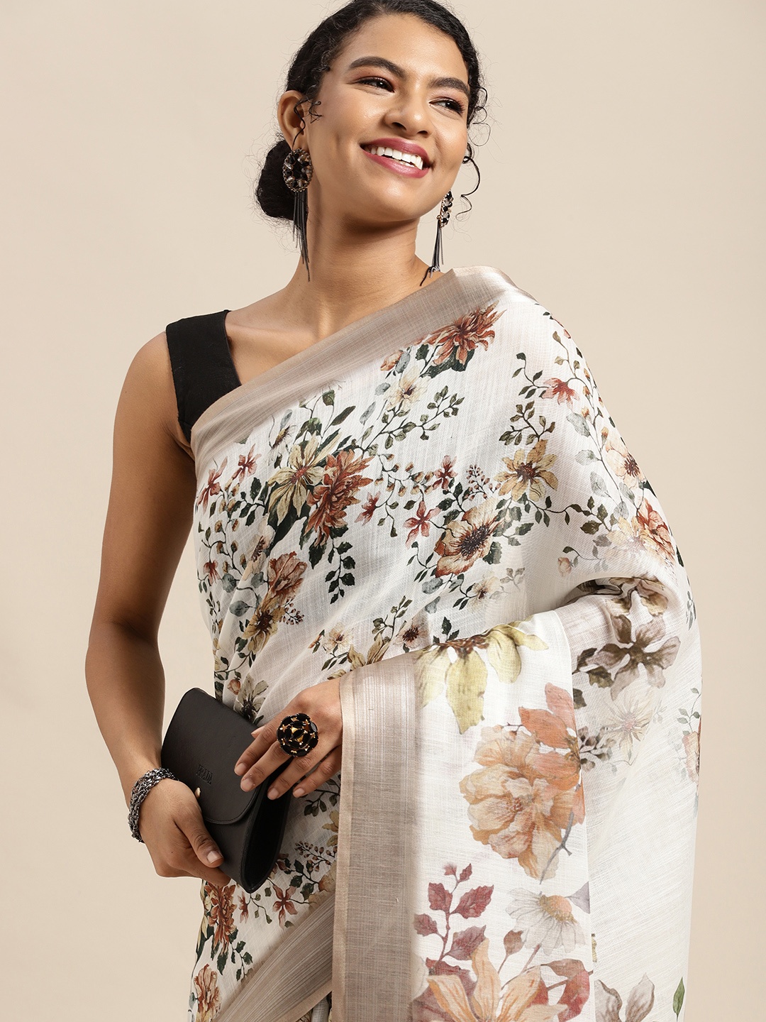 

Mitera Off White & Brown Floral Pure Linen Zari Digital Printed Saree