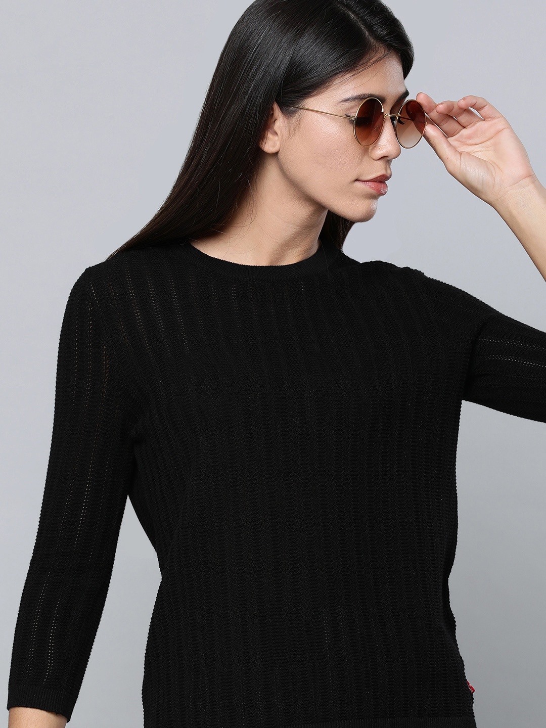 

Levis Black Striped Self Designed Casual Top