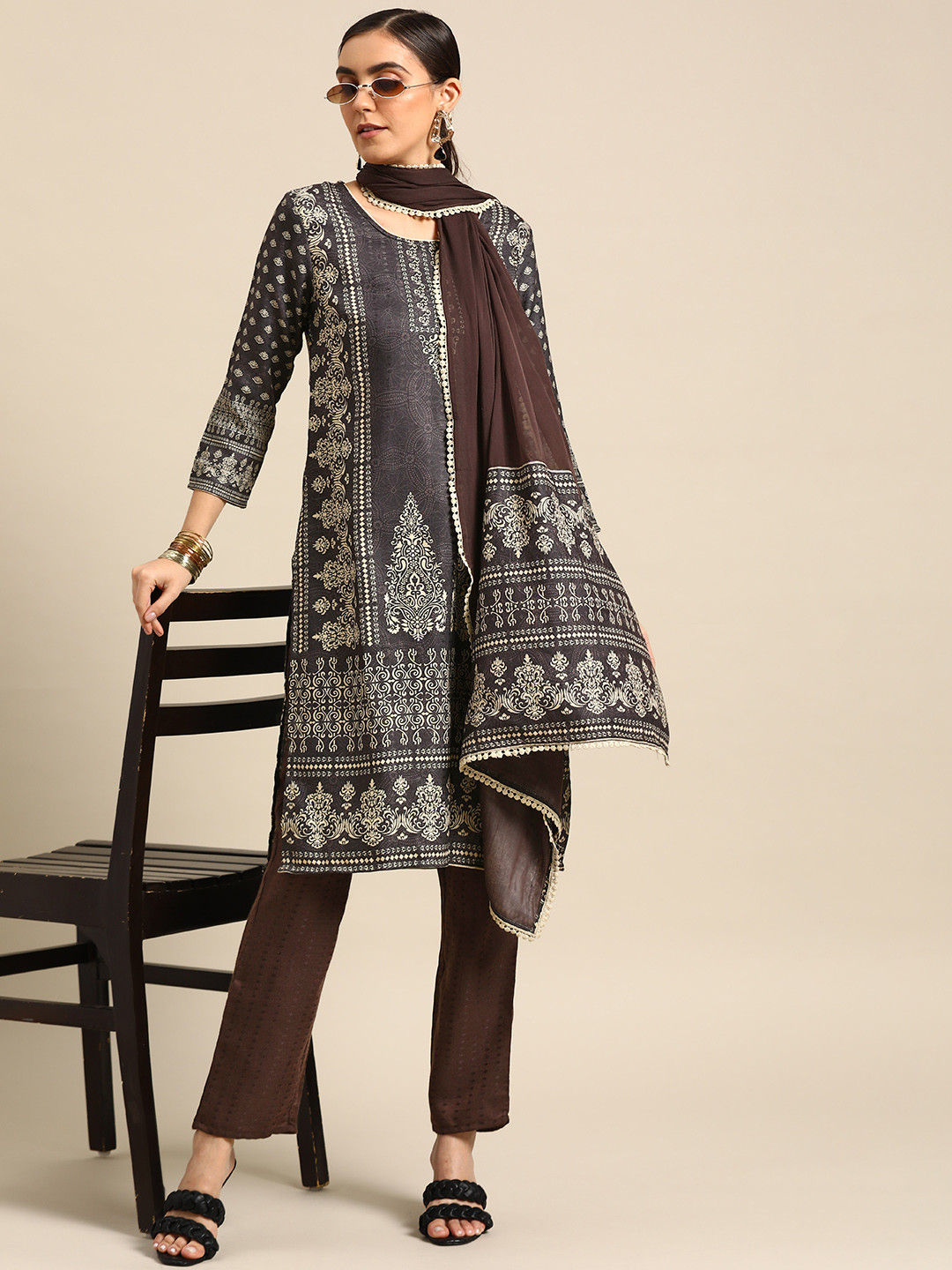 

Anouk Women Purple Printed Kurta with Trousers & Dupatta