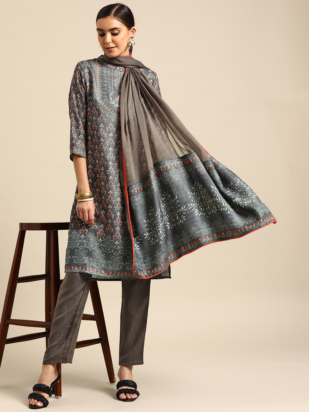 

Anouk Women Navy Blue Printed Kurta with Trousers & Dupatta