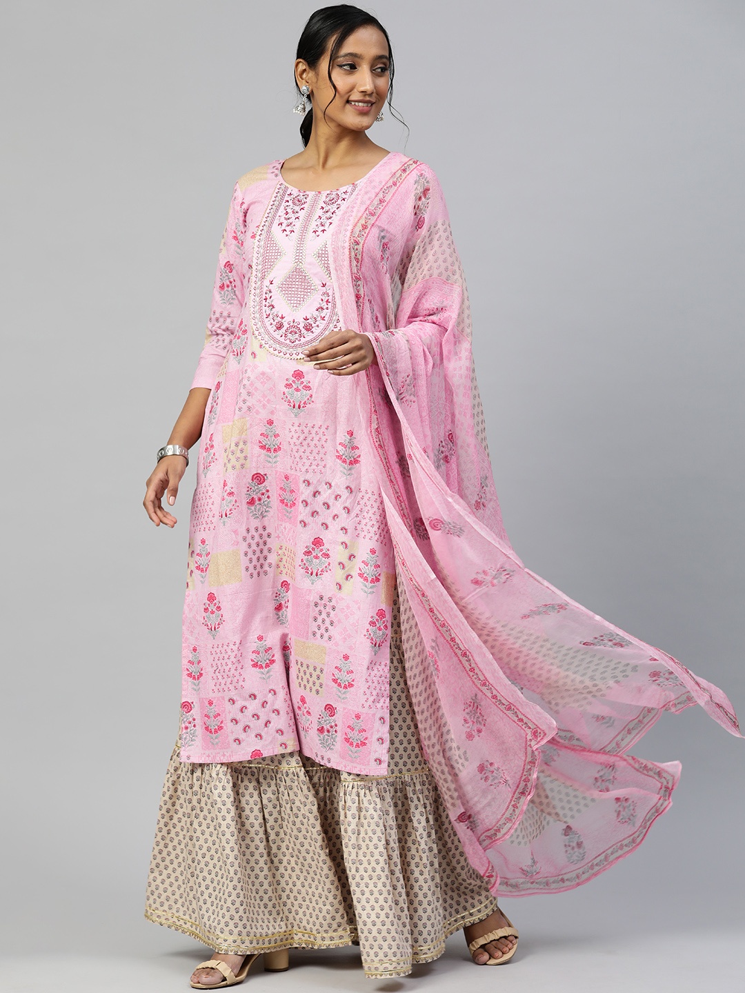 

SheWill Women Pink Floral Embroidered Gotta Patti Pure Cotton Kurta, Sharara & Dupatta