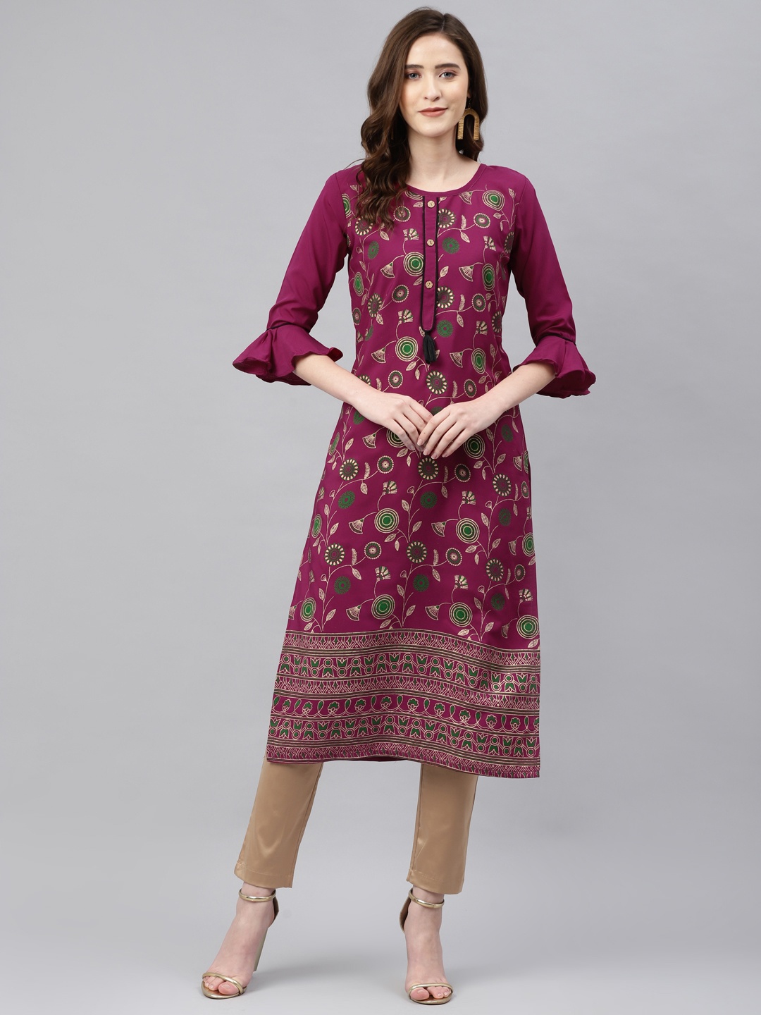

Sasimo Women Magenta & Golden Floral Printed Kurta