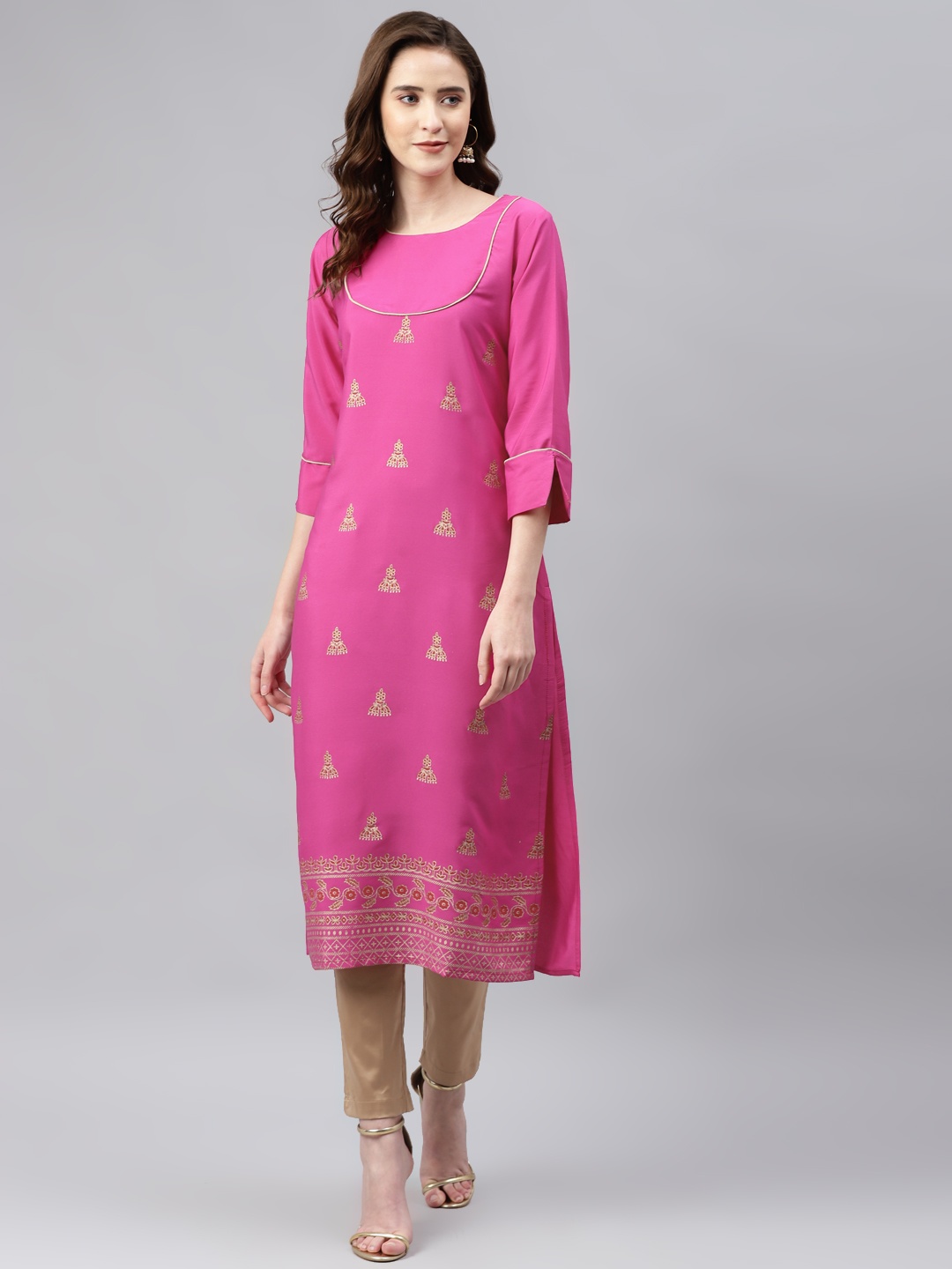 

Sasimo Women Pink & Golden Ethnic Motifs Printed Kurta