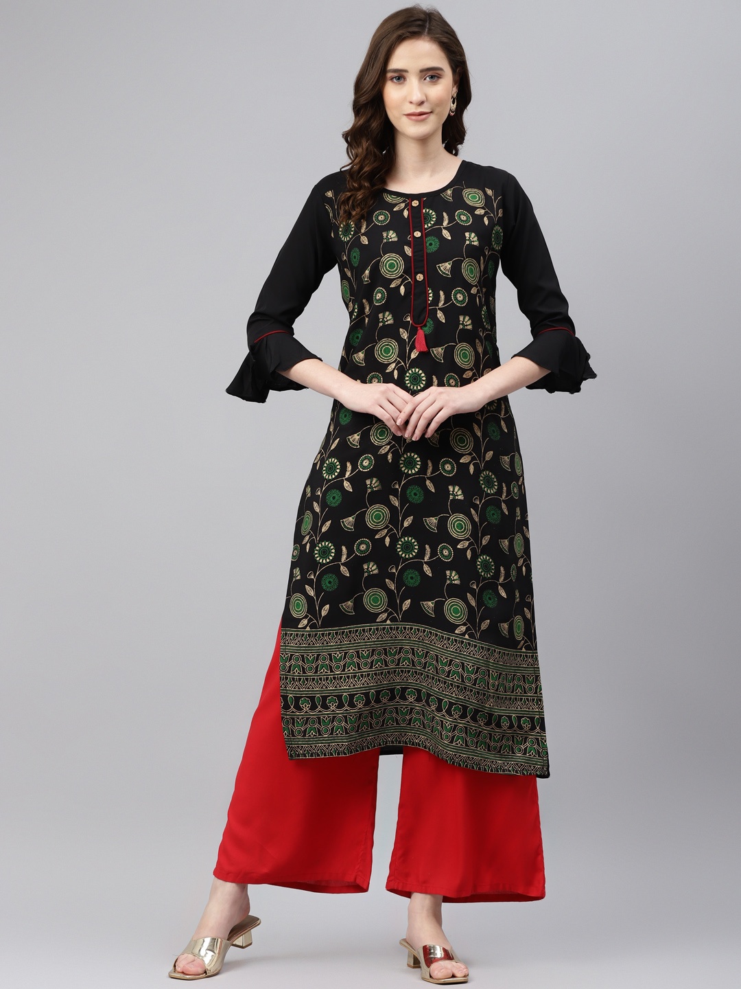 

Sasimo Women Black & Green Floral Printed Bell Sleeves Floral Kurta