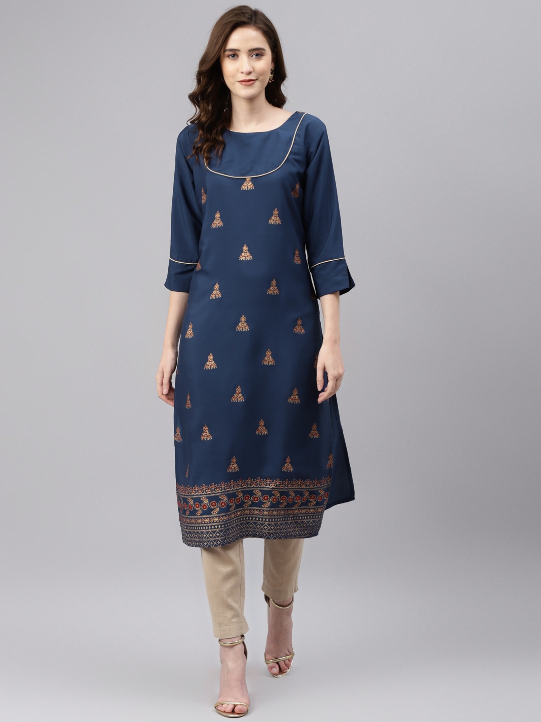 

Sasimo Women Navy Blue & Golden Ethnic Motifs Printed Kurta