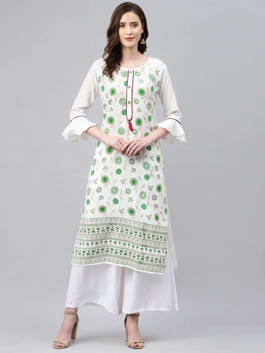 

Sasimo Women White & Green Ethnic Motifs Printed Thread Work Kurta