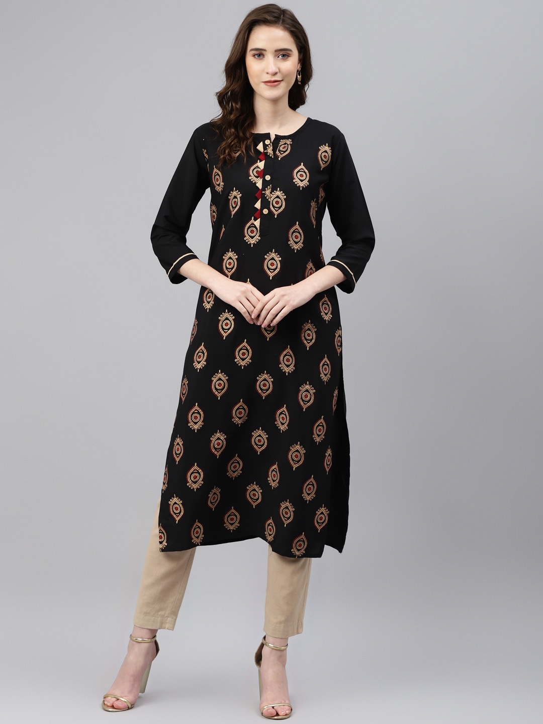

Sasimo Women Black & Golden Ethnic Motifs Printed Kurta