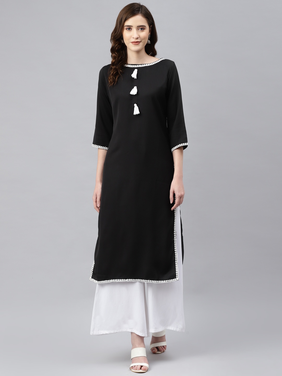 

Sasimo Women Black Solid Kurta With Tassel Detail