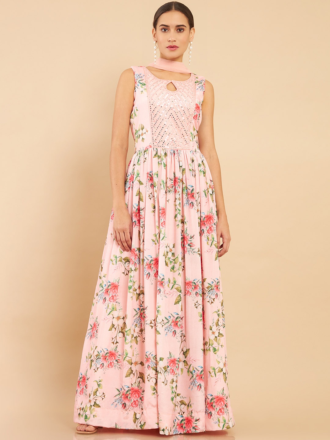 

Soch Women Pink Printed Art Silk Anarkali Kurta With Trousers & Dupatta