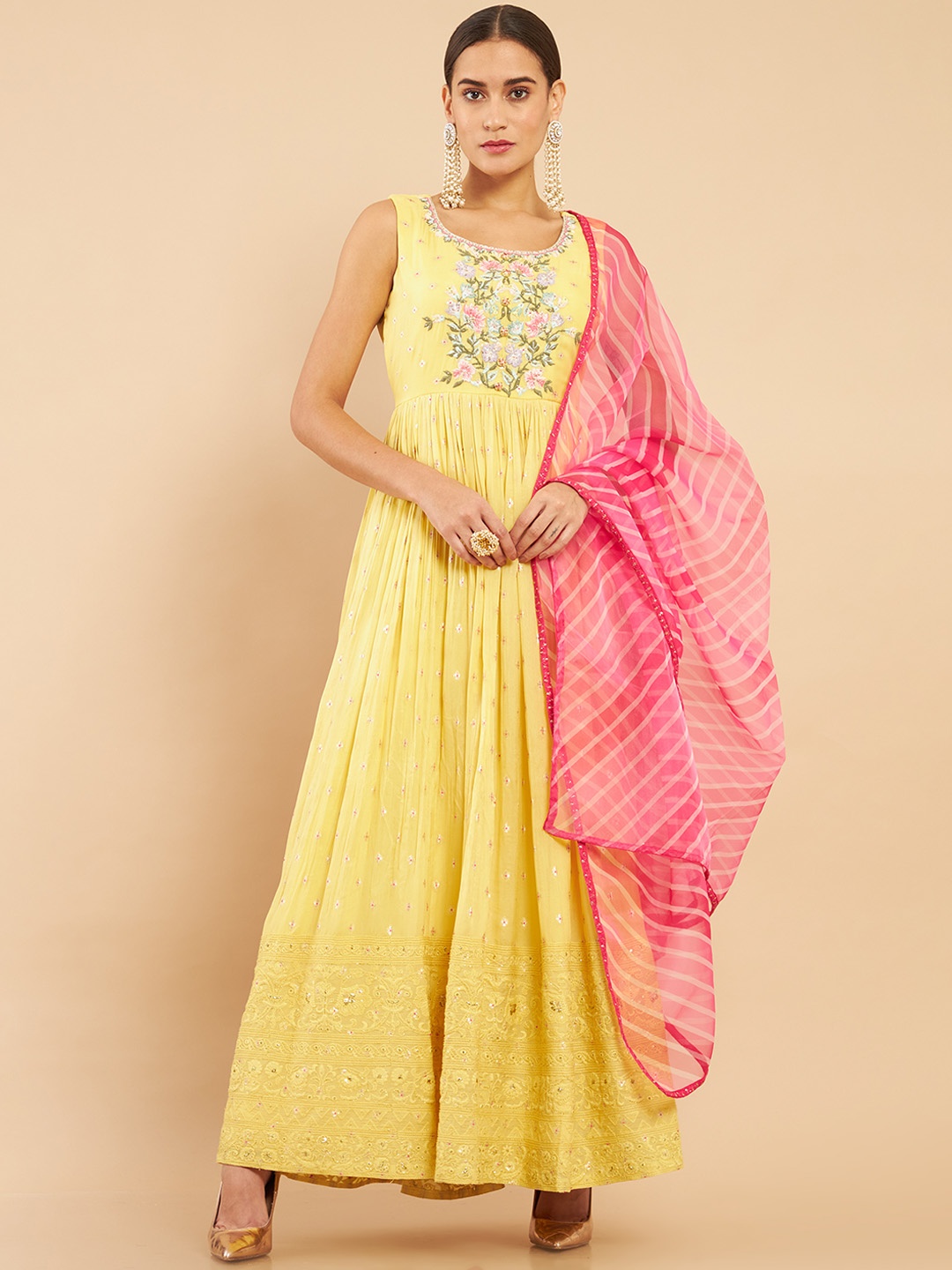 

Soch Women Floral Printed Pleated Beads and Stones Kurta with Churidar & With Dupatta, Yellow