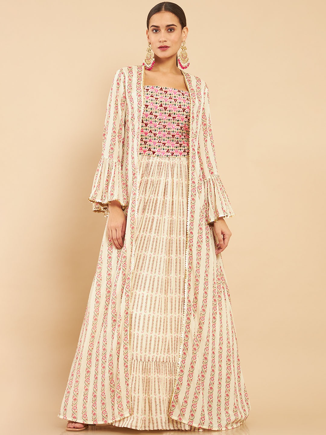 

Soch Women Floral Embroidered Pleated Mirror Work Kurta Set with Jacket, Beige