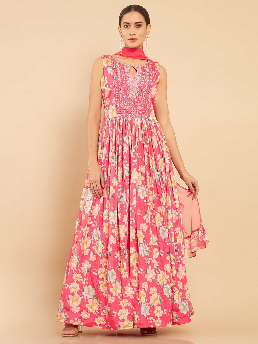 

Soch Women Pink Floral Printed Kurta with Churidar & With Dupatta