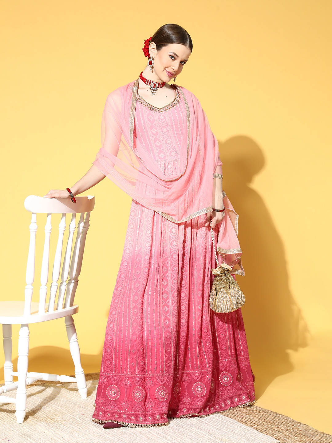 

Soch Women Ethnic Motifs Poly-Georgette Swirling Volume Kurta Set, Pink