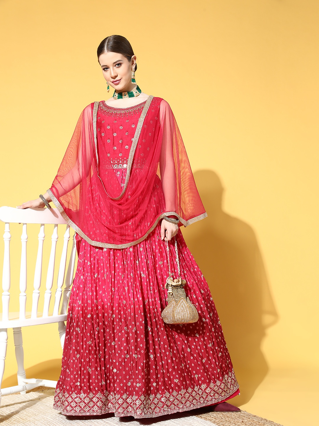 

Soch Women Woven Design Silk Blend Swirling Volume Kurta Set, Pink