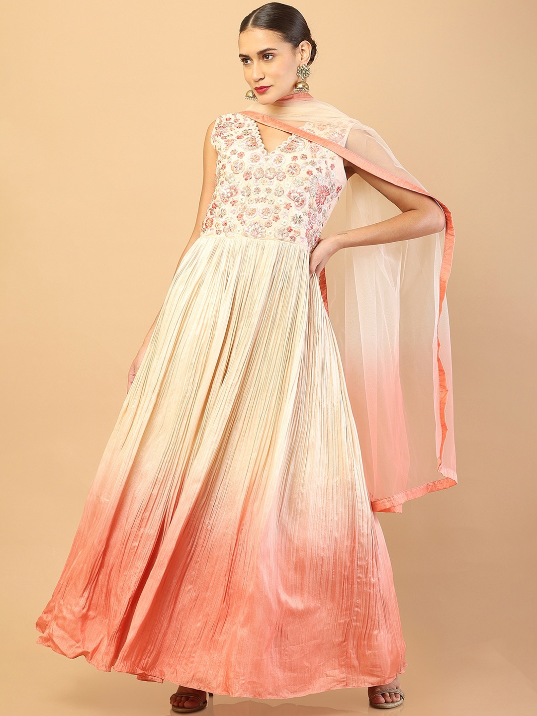 

Soch Women Peach-Coloured Floral Printed Pleated Kurta with Churidar & With Dupatta