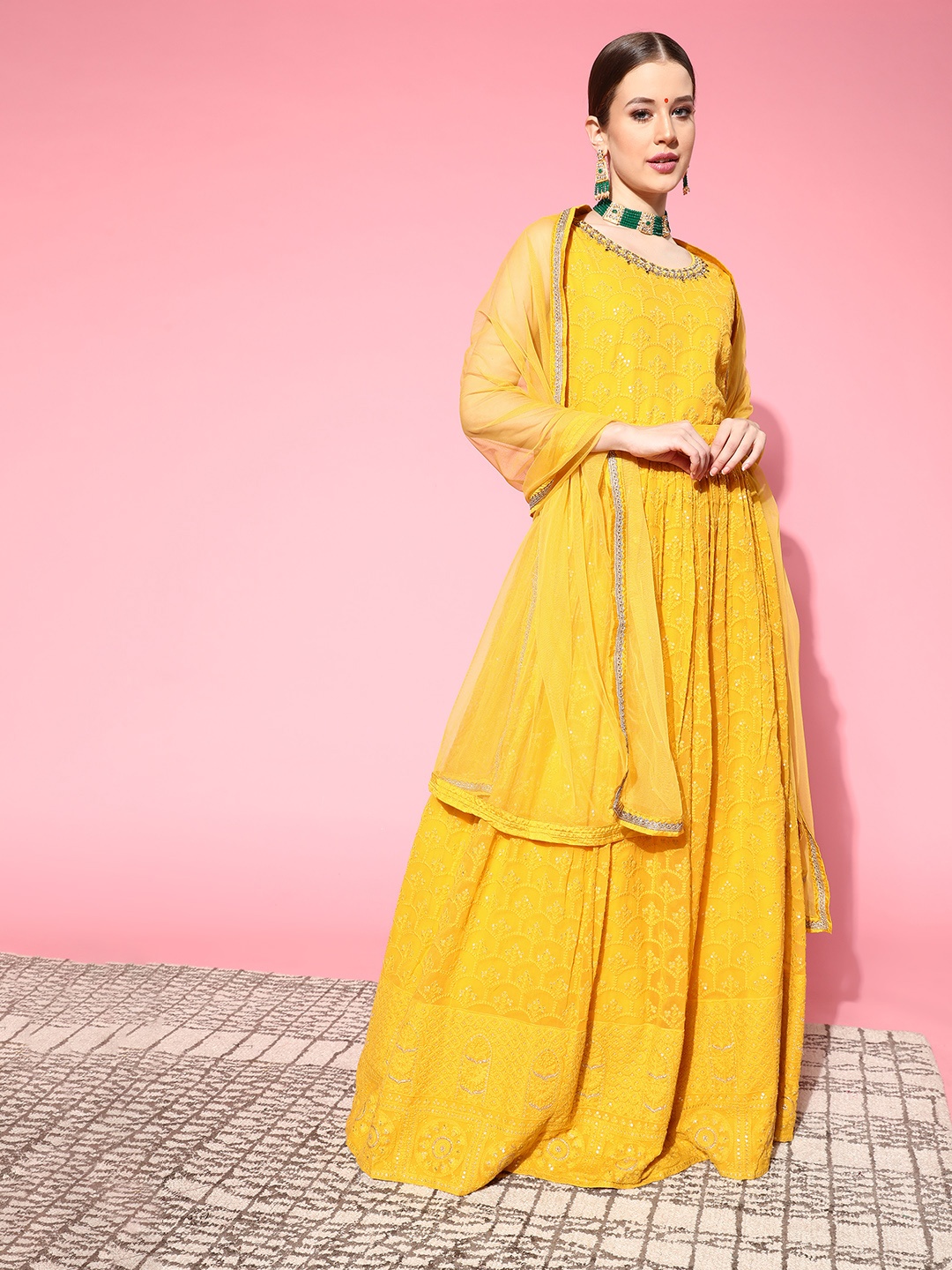 

Soch Women Woven Design Poly-Georgette Swirling Volume Kurta Set, Yellow