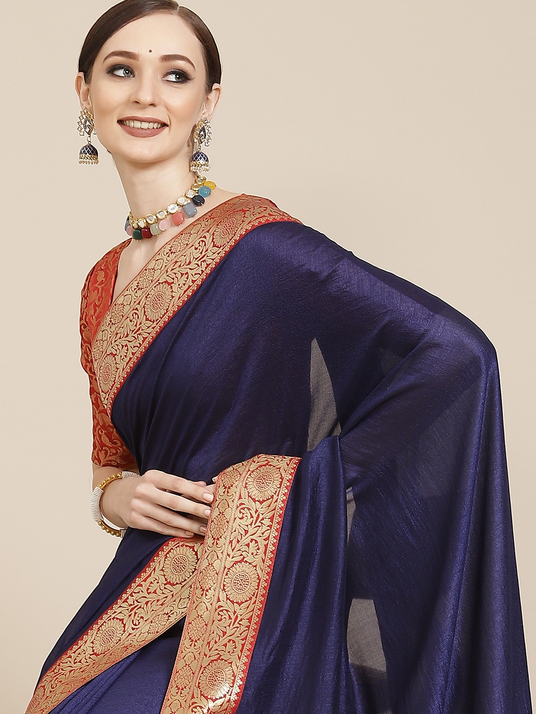 

KALINI Navy Blue & Golden Solid Woven Design Saree