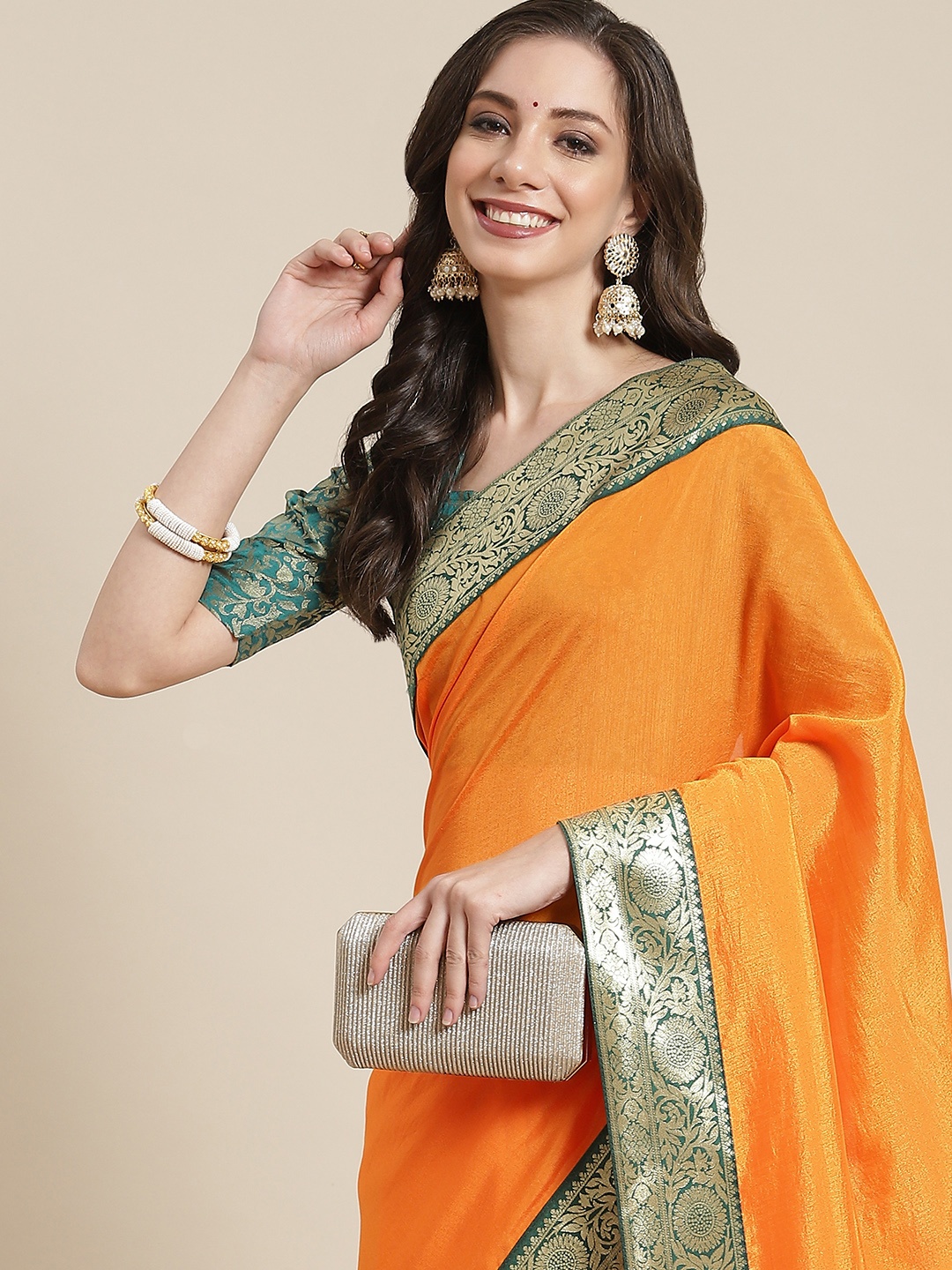 

KALINI Orange & Teal Zari Banarasi Saree