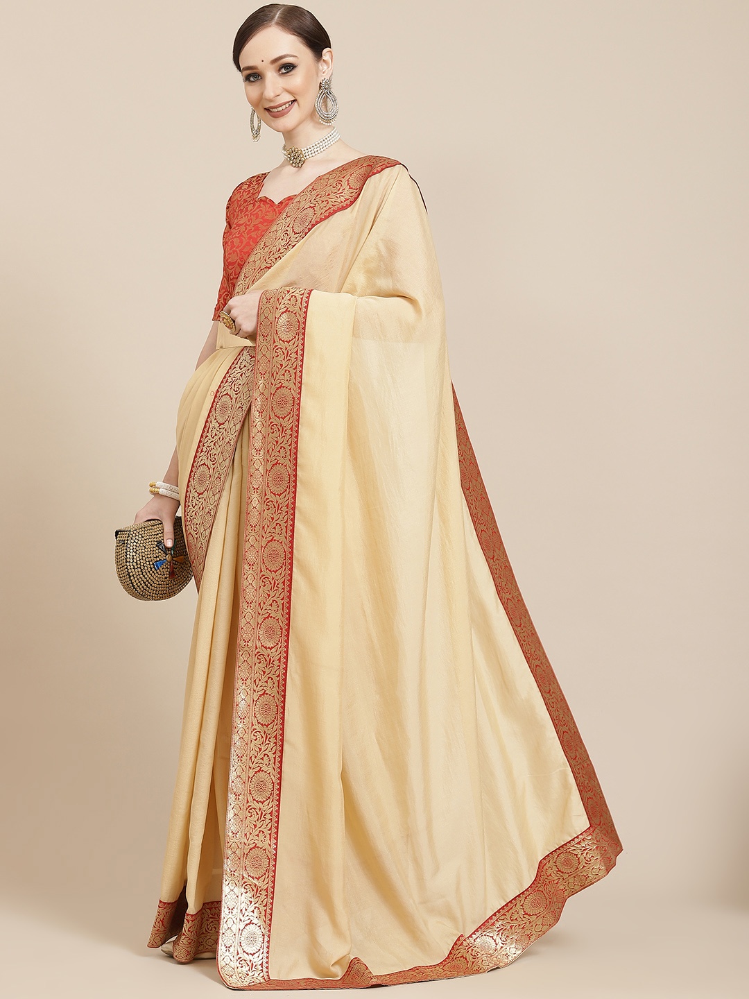 

KALINI Beige & Golden Solid Woven Design Saree
