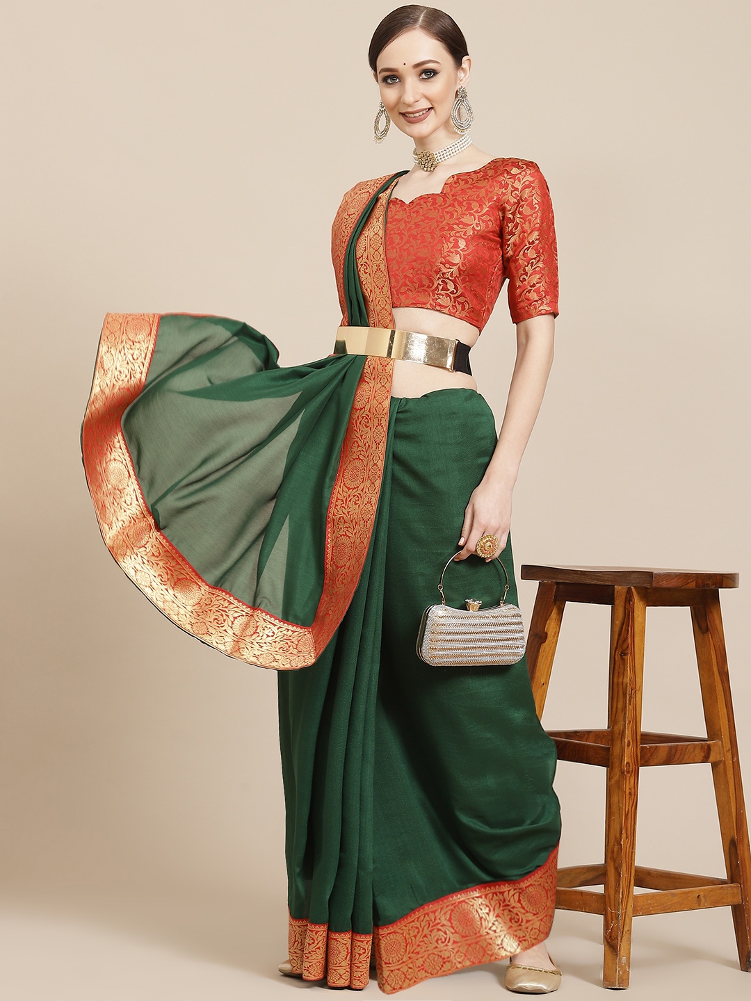 

KALINI Green & Red Solid Woven Design Saree