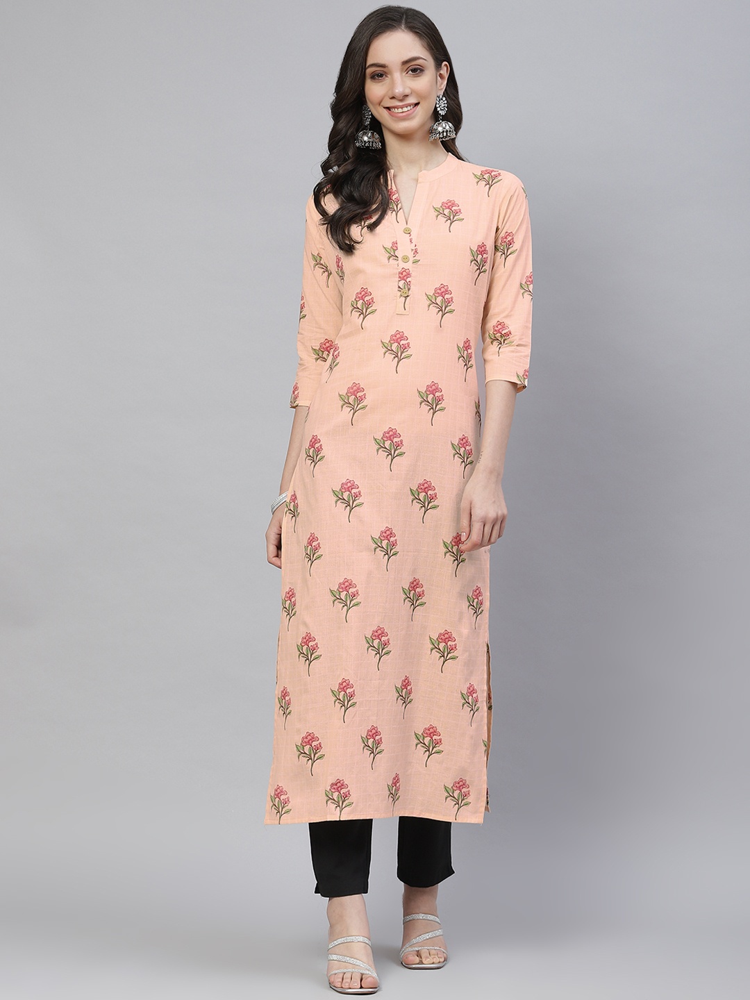 

mokshi Women Peach-Coloured & Green Checked & Floral Printed Cotton Straight Kurta