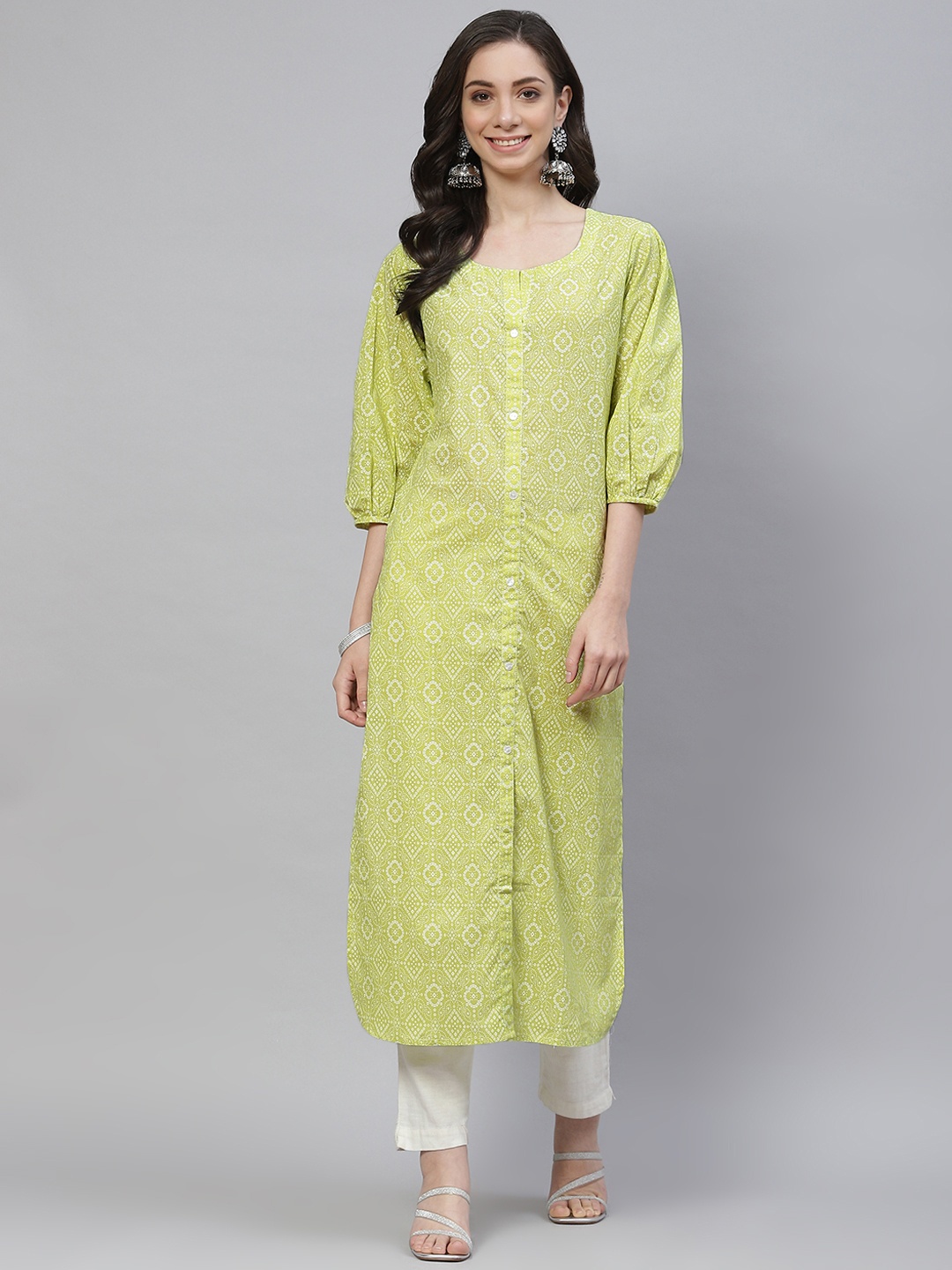 

mokshi Women Lime Green Bandhani Print Round Neck Bishop Sleeves Pure Cotton Kurta