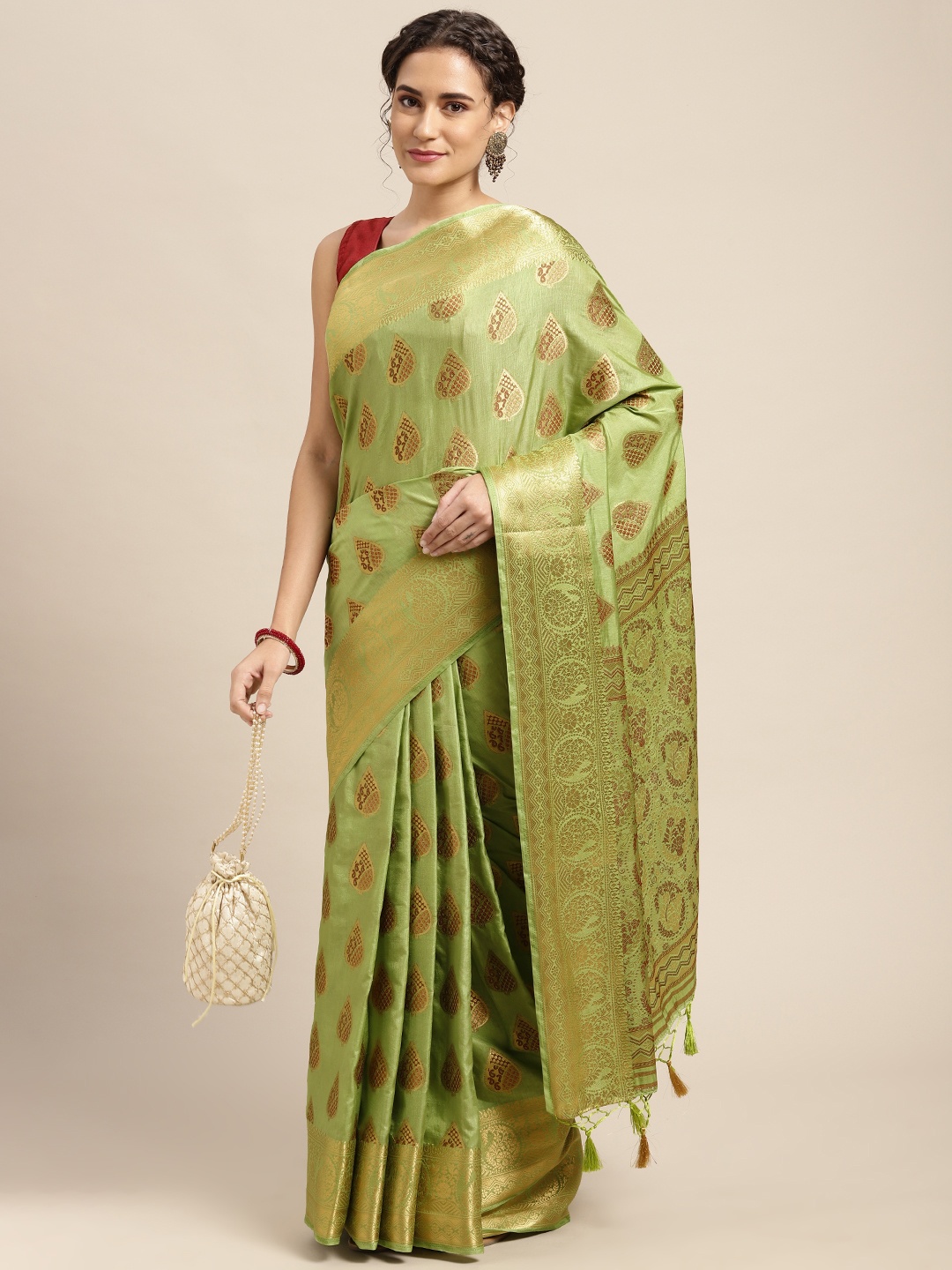 

MIMOSA Green & Brown Ethnic Motifs Woven Design Zari Art Silk Kanjeevaram Saree