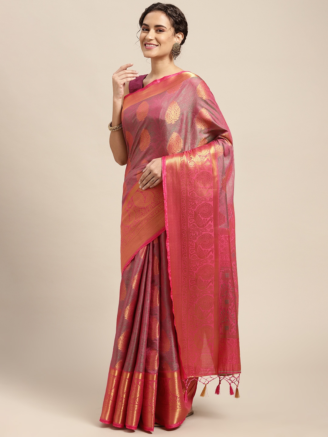 

MIMOSA Pink & Gold-Toned Ethnic Motifs Zari Art Silk Kanjeevaram Saree
