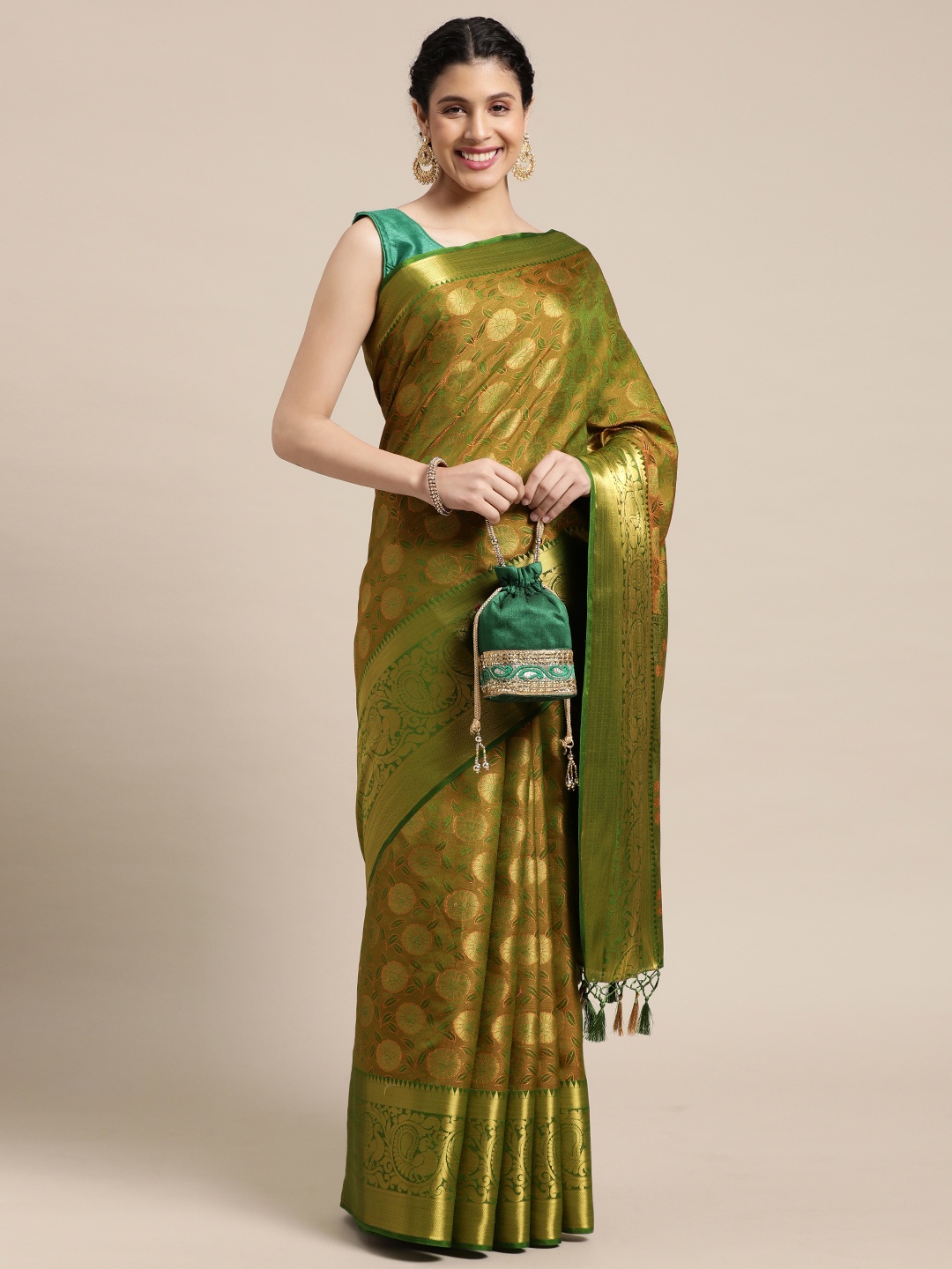 

MIMOSA Green & Gold-Toned Floral Woven Design Zari Art Silk Kanjeevaram Saree