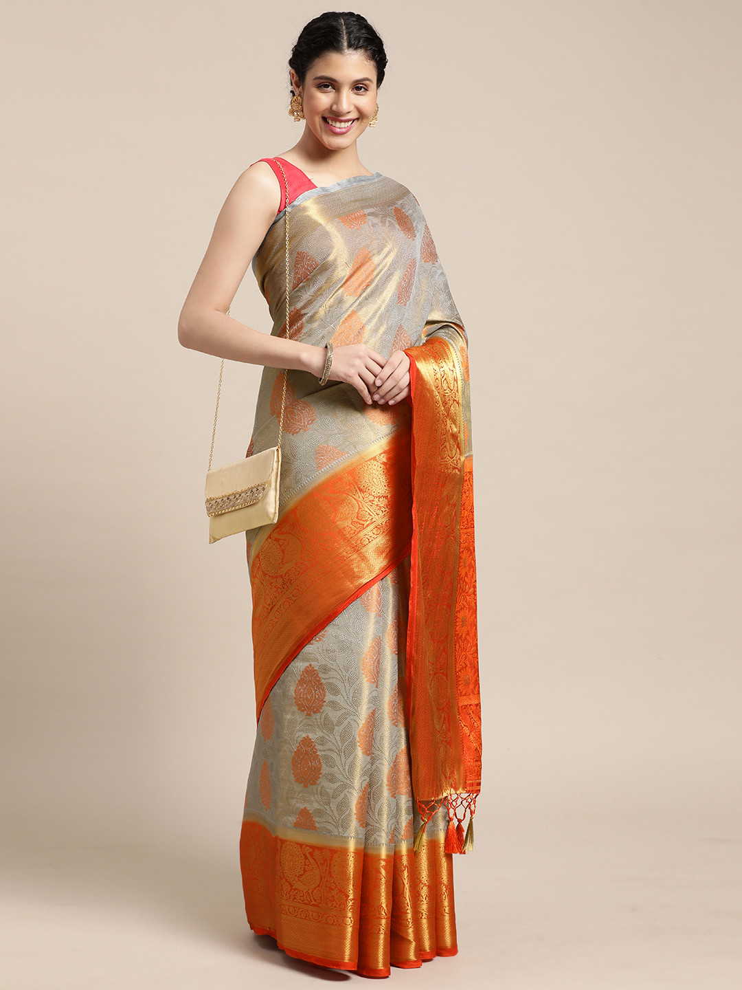 

MIMOSA Grey & Orange Ethnic Motifs Woven Design Zari Art Silk Kanjeevaram Saree