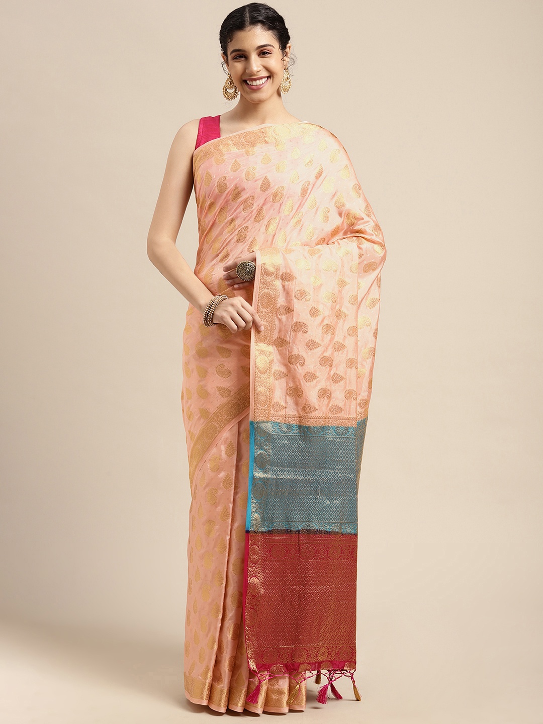 

MIMOSA Women Pink & Maroon Paisley Print Kanjeevaram Art Silk Saree