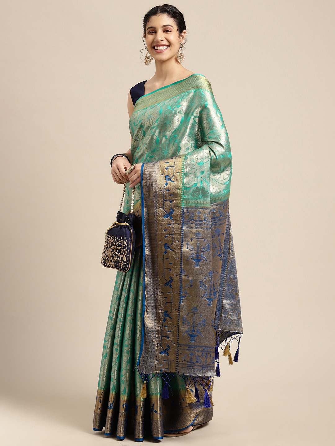 

MIMOSA Teal & Silver-Toned Floral Woven Design Zari Art Silk Kanjeevaram Saree