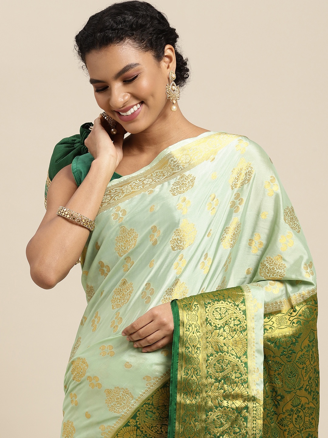 

MIMOSA Women Green & Golden Paisley Saree