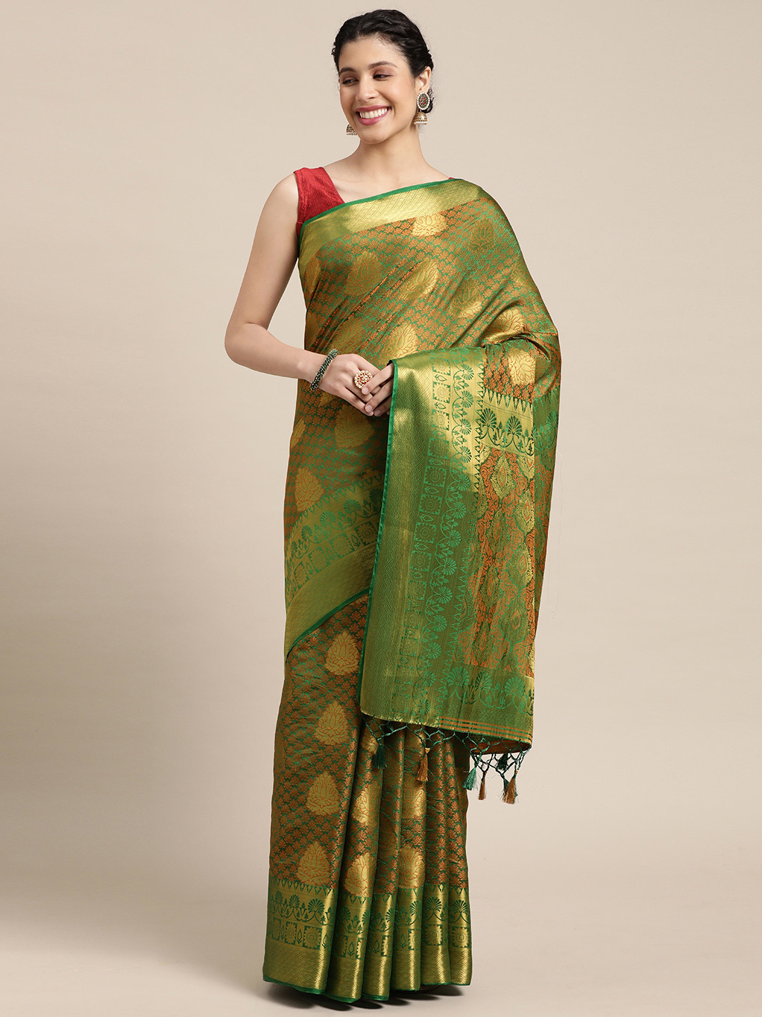 

MIMOSA Green Ethnic Motifs Zari Art Silk Kanjeevaram Saree