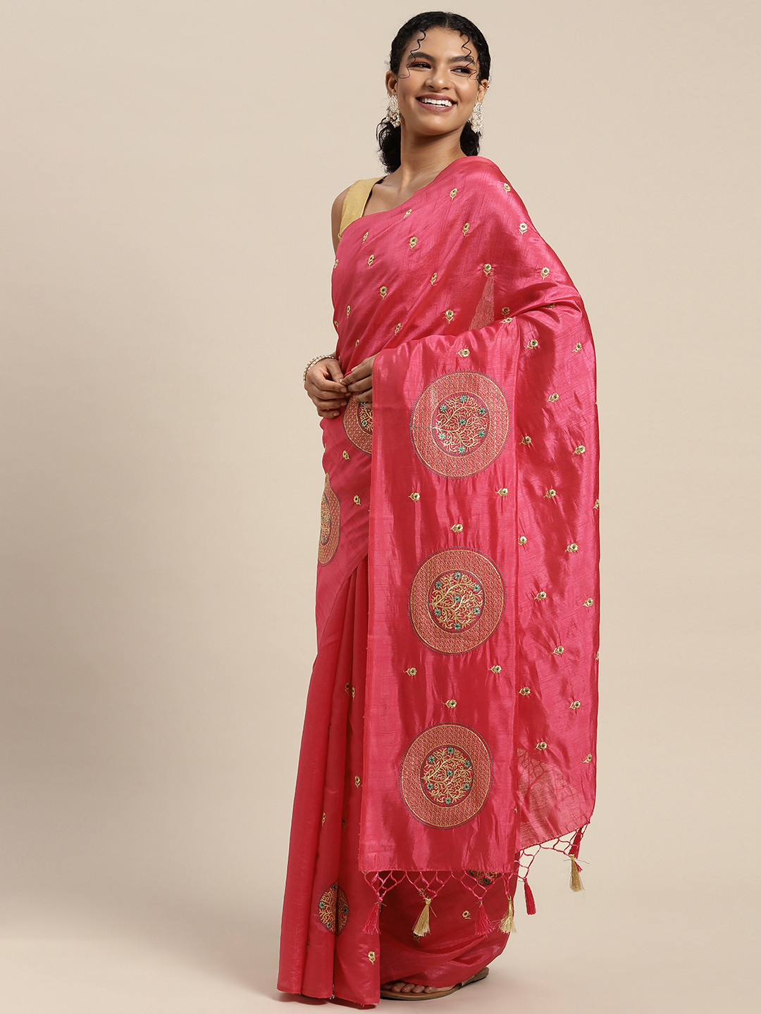 

MIMOSA Pink & Gold-Toned Floral Embroidered Zari Art Silk Banarasi Saree