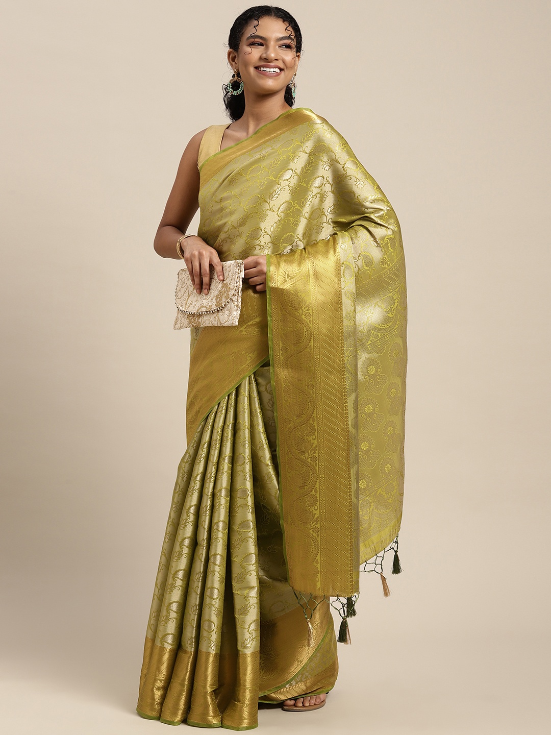 

MIMOSA Olive Green Ethnic Motifs Woven Design Zari Art Silk Kanjeevaram Saree