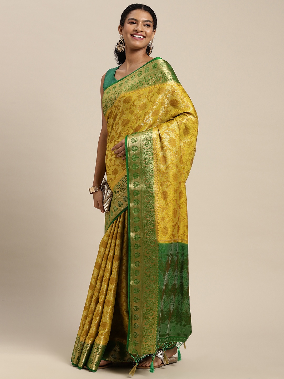 

MIMOSA Yellow & Green Ethnic Motifs Zari Art Silk Kanjeevaram Saree