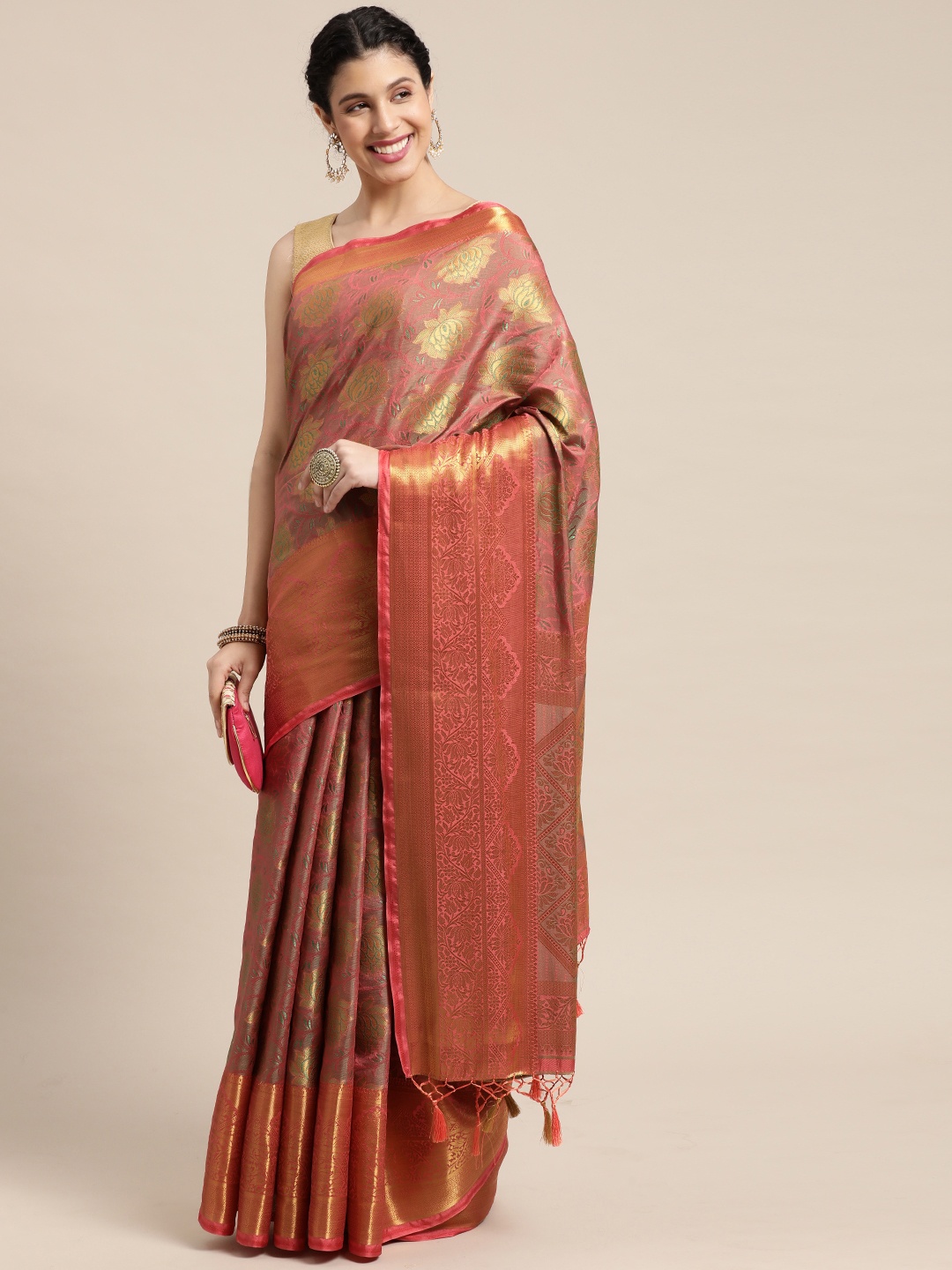 

MIMOSA Pink & Golden Ethnic Motifs Zari Art Silk Kanjeevaram Saree