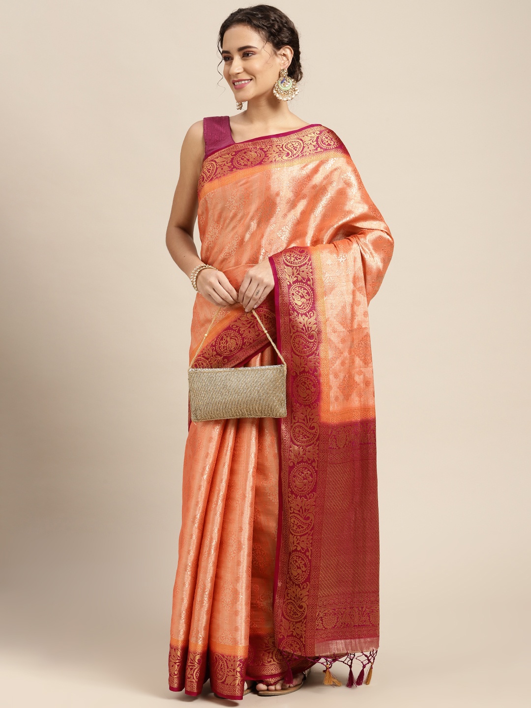 

MIMOSA Peach-Coloured & Maroon Ethnic Motifs Zari Art Silk Kanjeevaram Saree