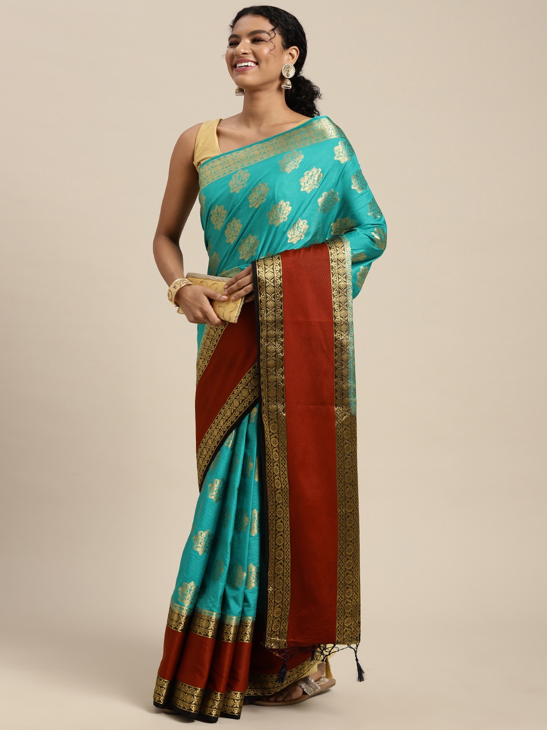 

MIMOSA Turquoise Blue & Maroon Ethnic Motifs Zari Art Silk Kanjeevaram Saree