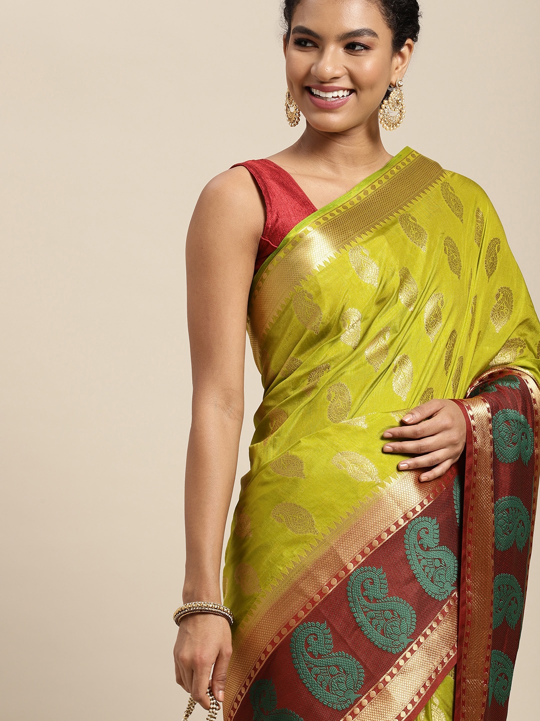

MIMOSA Lime Green & Red Paisley Printed Saree