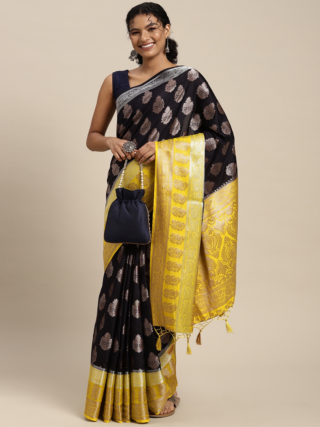 

MIMOSA Black & Yellow Ethnic Motifs Zari Art Silk Kanjeevaram Saree