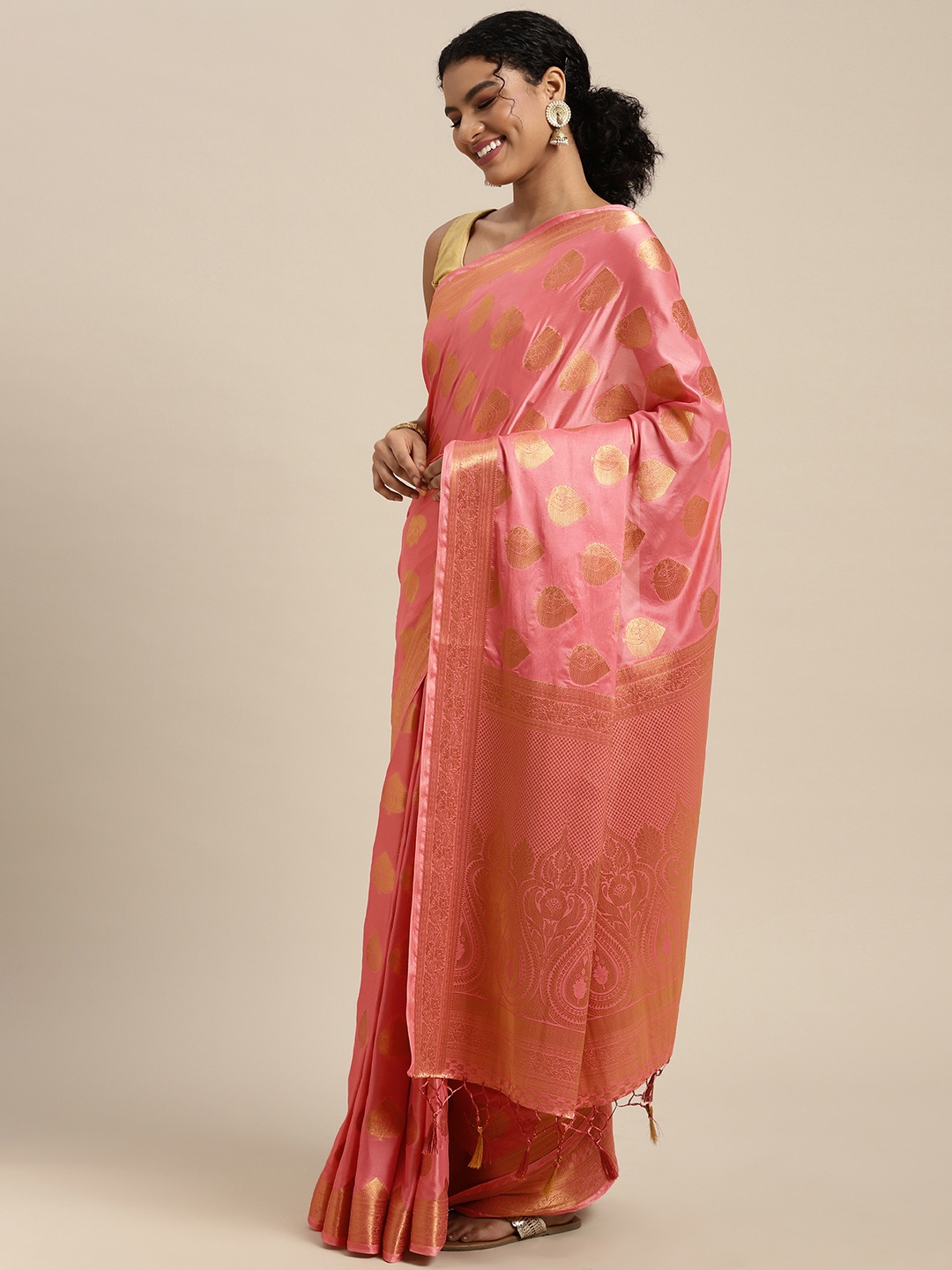

MIMOSA Pink & Golden Ethnic Motifs Zari Mysore Silk Saree