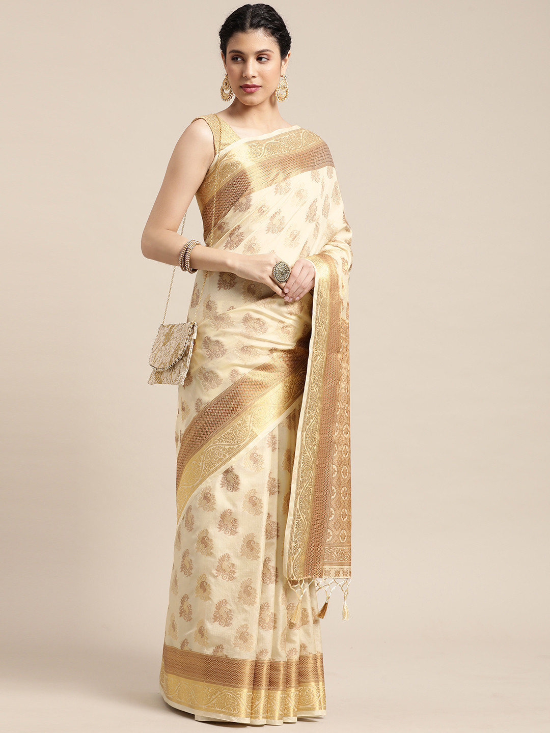 

MIMOSA Beige & Gold-Toned Ethnic Motifs Woven Design Zari Art Silk Kanjeevaram Saree