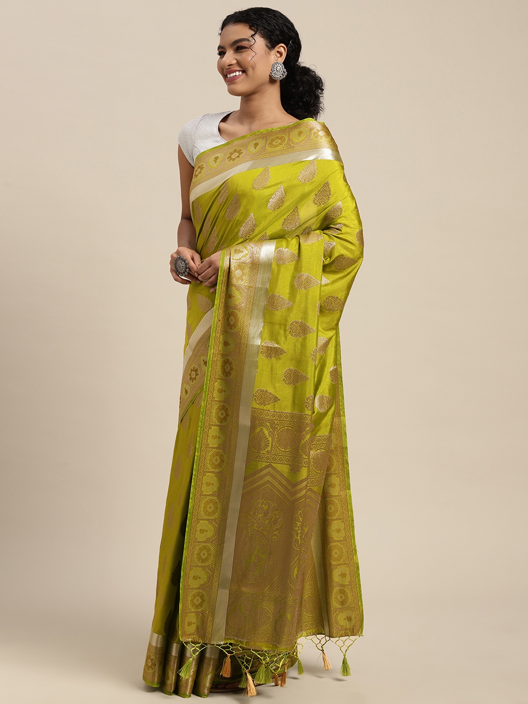 

MIMOSA Lime Green & Grey Ethnic Motifs Woven Design Zari Art Silk Kanjeevaram Saree