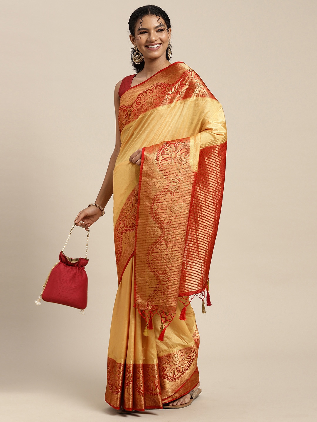 

MIMOSA Beige & Red Zari Art Silk Kanjeevaram Saree