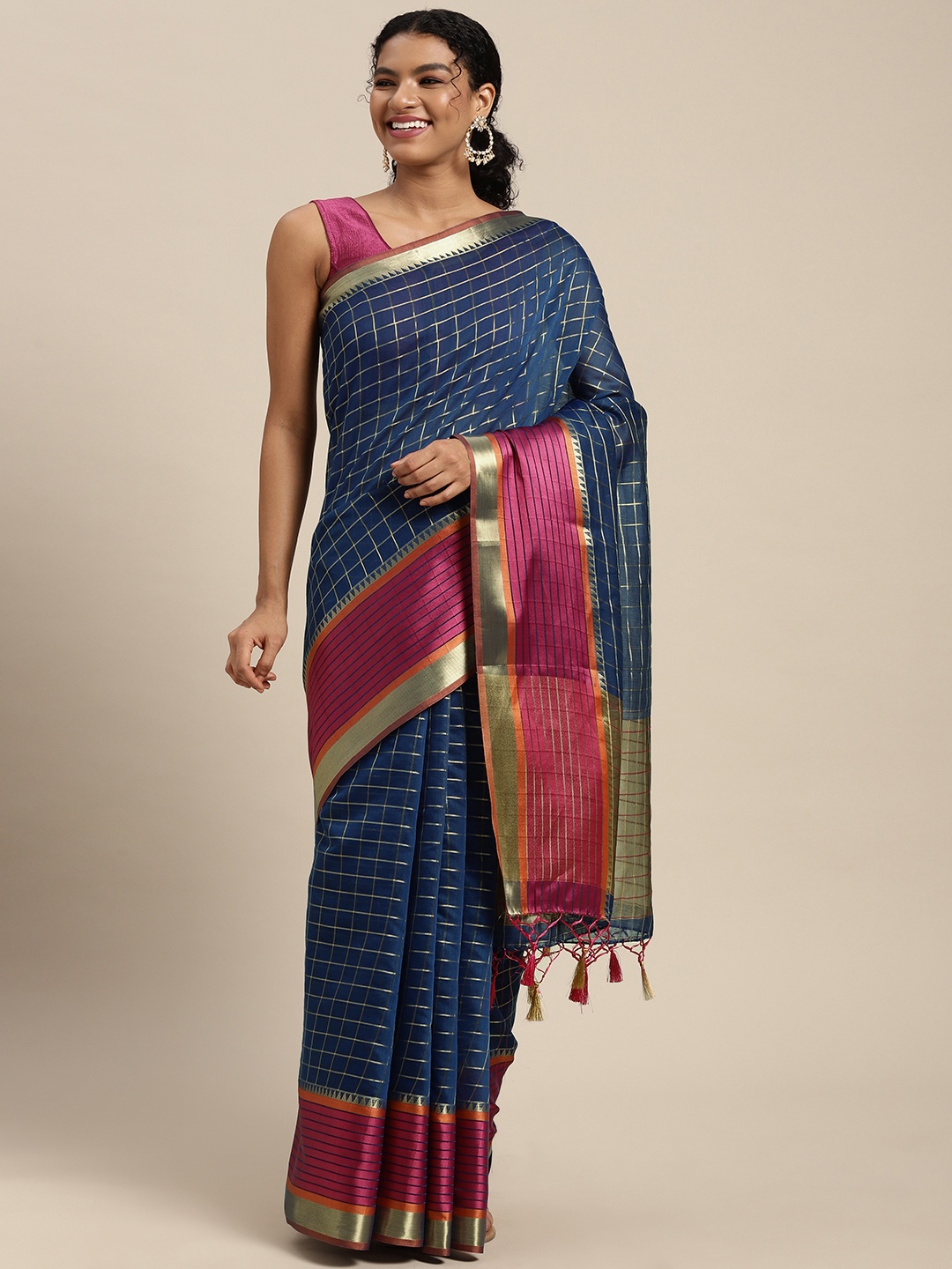 

MIMOSA Navy Blue & Pink Checked Zari Art Silk Banarasi Saree